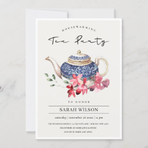 Cartão De Agradecimento Blue Teapot Floral Housearming Tea Party Convidam