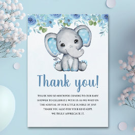 Cartão De Agradecimento Blue Watercolor Elephant Baby shower Boy