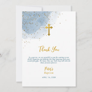 Cartão De Agradecimento Blue Watercolor Glitter Dourado Cross Baptism Boy