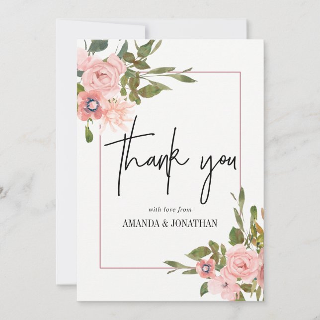 Cartão De Agradecimento Blush floral de aquarela e Rosa Dourado Obrigado (Frente)