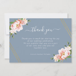 Cartão De Agradecimento Blush Floral Dourado Geométrico Casamento Azul