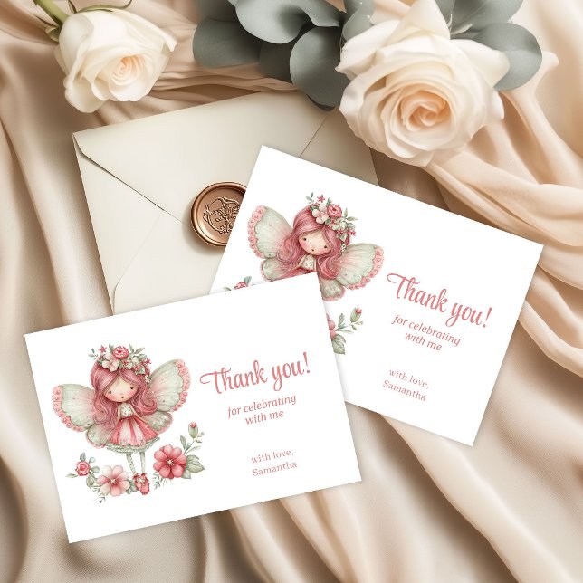 Cartão De Agradecimento Blush Floral Fairy Cute 8th Birthday Party Thank  (Blush Floral Fairy Cute 8th Birthday Party Thank You Card)