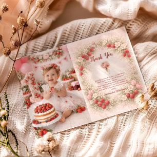 Cartão De Agradecimento Blush Morango Vintage Jardim 1º Aniversário