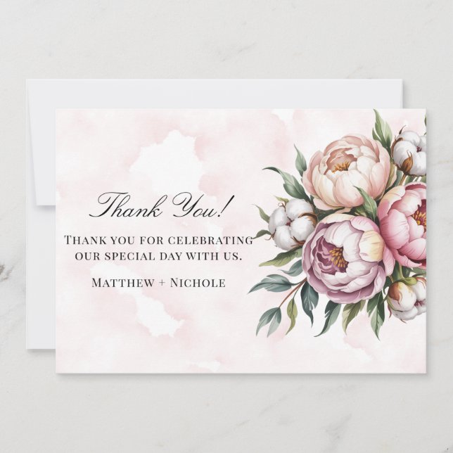 Cartão De Agradecimento Blush Pink Peony and Cotton Wedding (Frente)