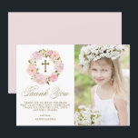 Cartão De Agradecimento Blush Pink Peony Wreath Dourada Primeira Comunhão<br><div class="desc">Envie obrigados para a família e amigos com este cartões de agradecimentos personalizável da Primeira Comunhão. Apresenta uma camada floral de cor-de-água de peônias cor-de-rosa pinceladas, rosas, folhagem, galhos e hálito de bebê. Personalize este cartões de agradecimentos floral adicionando uma foto, mensagem, nome e outros detalhes. Este cartões de agradecimentos...</div>