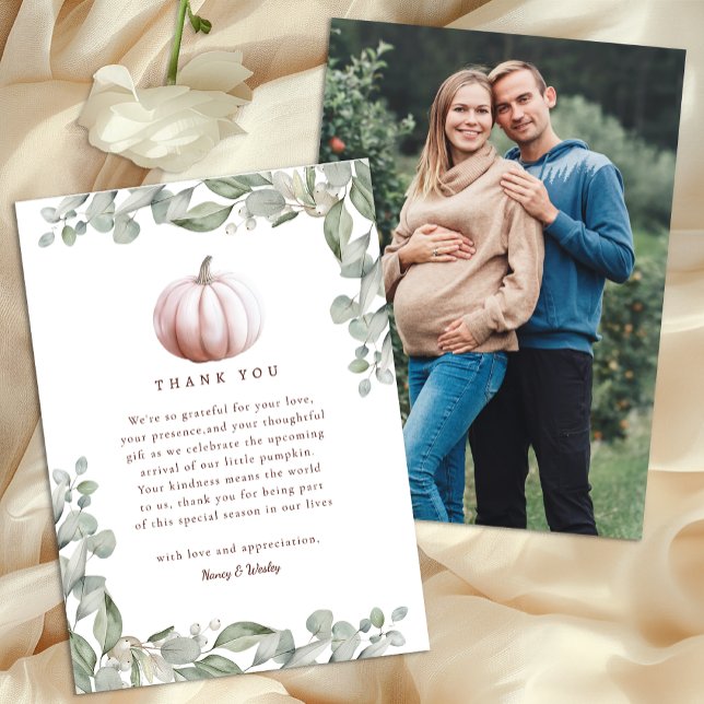 Cartão De Agradecimento Blush Pink Pumpkin Fall Baby Shower Thank You Card (Photo Thank You Card - Blush Pink)