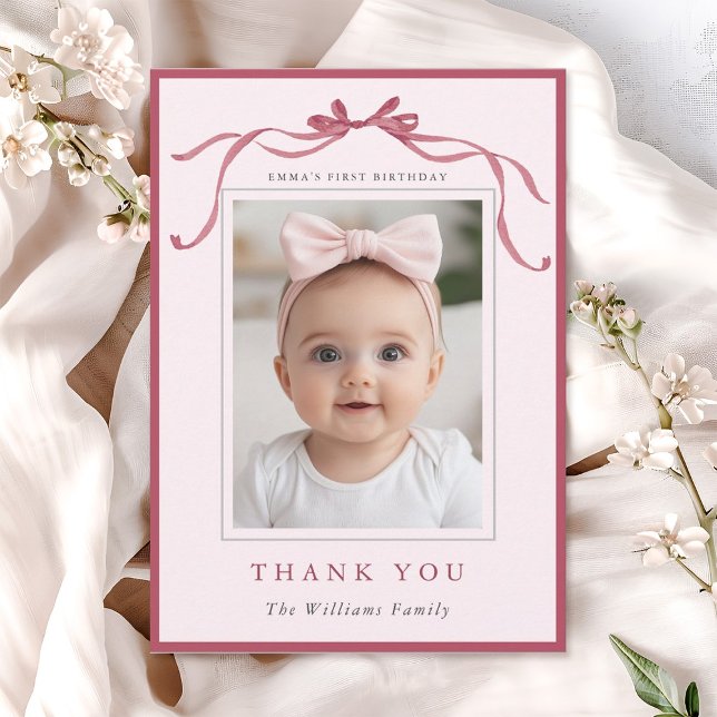 Cartão De Agradecimento Blush Pink Red Bow Simple Birthday Photo  (Criador carregado)