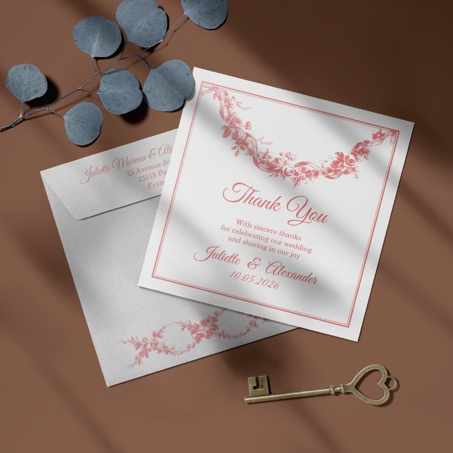 Cartão De Agradecimento Blush Pink Toile de Jouy Wedding Thank You Card (Criador carregado)