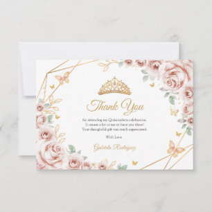 Cartão De Agradecimento Blush Rosa Dourado Floral Quinceanera