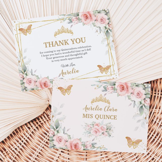 Cartão De Agradecimento Blush Rosa Floral Coroa Dourada Quinceañera Borbol (blush-pink-floral-butterflies-quinceanera-sweet-16-birthday-thank-you-cards-digital-files)