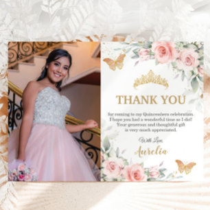 Cartão De Agradecimento Blush Rosa Floral Coroa Dourada Quinceañera Foto