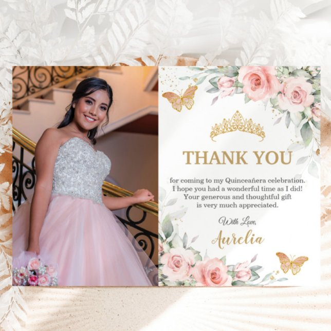 Cartão De Agradecimento Blush Rosa Floral Coroa Dourada Quinceañera Foto  (Delicate Blush pink floral butterflies Quinceañera sweet 16 birthday photo thank you cards printed)