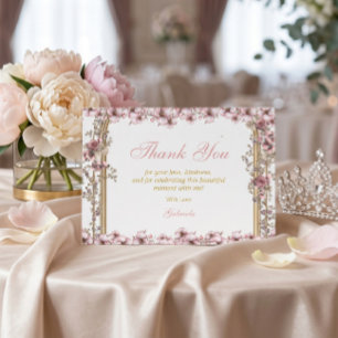 Cartão De Agradecimento Blush Rosa Tiara Dourada Floral Quinceañera