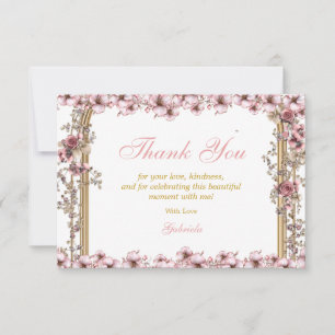 Cartão De Agradecimento Blush Rosa Tiara Dourada Floral Quinceañera