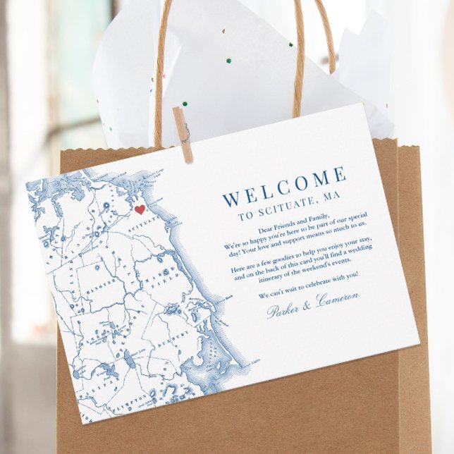 Cartão De Agradecimento Boas-vindas e Itinerários do Mapa de MÃES (These Welcome to Scituate wedding welcome letters include your itinerary on the back)