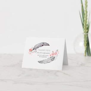 Cartão De Agradecimento Bohemian Feathers Pink and Gray Wedding Thank You