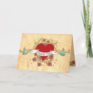Cartão De Agradecimento Bohemian Heart, Roses, Birds, & Banner Wedding