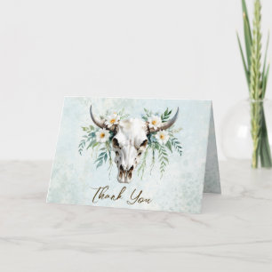 Cartão De Agradecimento Bohemian Watercolor Floral Cow Skull Casamento