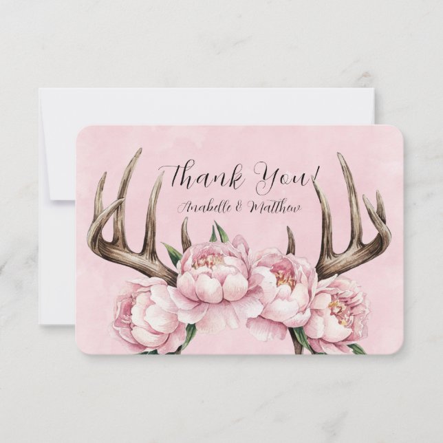Cartão De Agradecimento Boho Antler com Casamento de Peões Rosa (Frente)