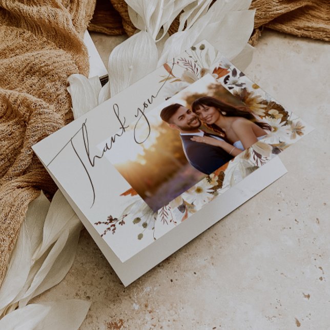 Cartão De Agradecimento Boho Autumn Wildflower | Foto dobrada em bege (Criador carregado)