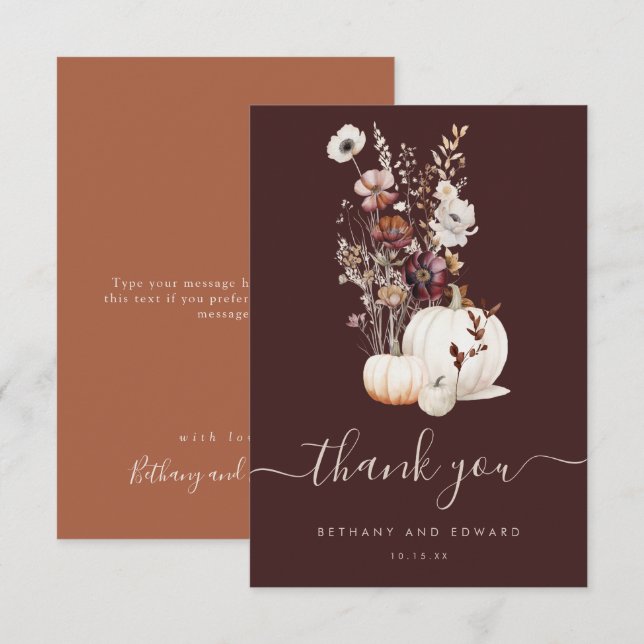 Cartão De Agradecimento Boho Autumn Wildflower Pumpkin Weding (Frente/Verso)