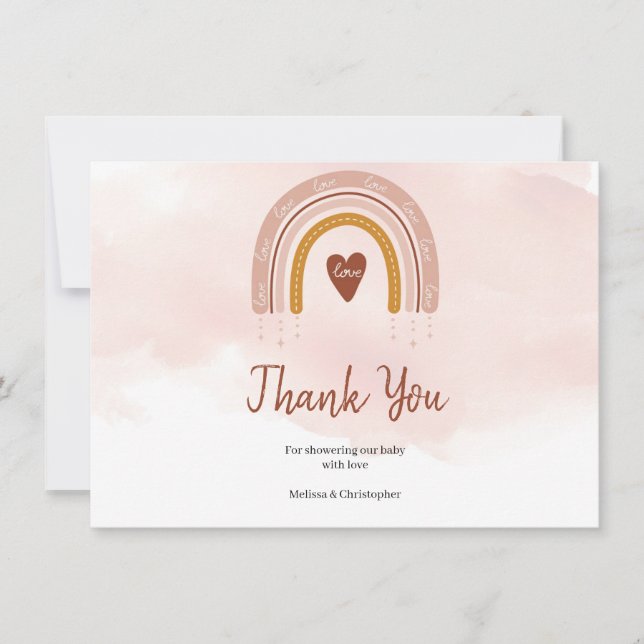 Cartão De Agradecimento Boho Blush Pink Chá de fraldas Arco-Íris Obrigado (Frente)