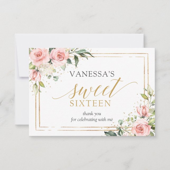 Cartão De Agradecimento Boho Blush rosa floral brilho dourado 16º Aniversá (Frente)