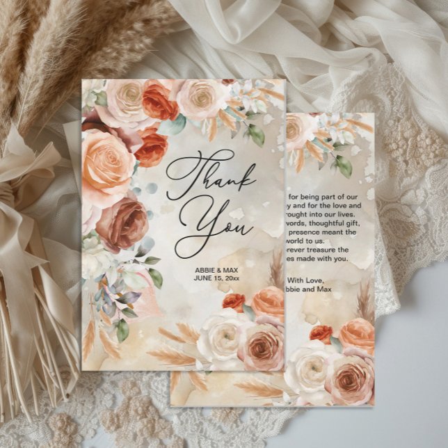 Cartão De Agradecimento Boho Blush Terracotta Cream Floral Wedding  (Boho floral wedding thank you card)