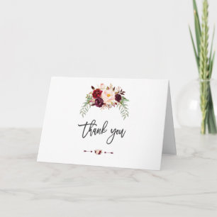 Cartão De Agradecimento Boho Borgonha Marsala Floral Caligrafia Obrigada