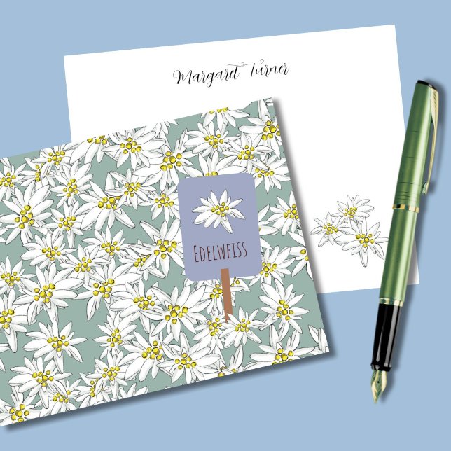 Cartão De Agradecimento Boho Chic Edelweiss Alpino Sage Green (This boho sage green thank you card features my own hand-drawn Edelweiss Alpine wildflowers.)