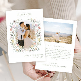 Cartão De Agradecimento Boho Chic Floral Greenery Foto de Casamento