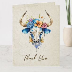 Cartão De Agradecimento Boho Chic Watercolor Vaca Floral Casamento Crânio