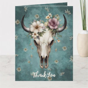 Cartão De Agradecimento Boho Chic Watercolor Vaca Floral Casamento Crânio