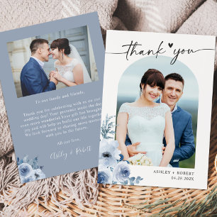 Cartão De Agradecimento Boho Dusty Blue Floral Modern Arch Foto de Casamen