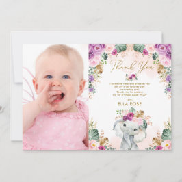 Cartão De Agradecimento Boho Elephant Girl Pink Purple Floral Birday