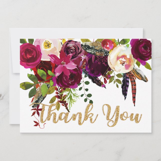 Cartão De Agradecimento Boho Fall Floral Dourado Moderno Obrigado (Frente)