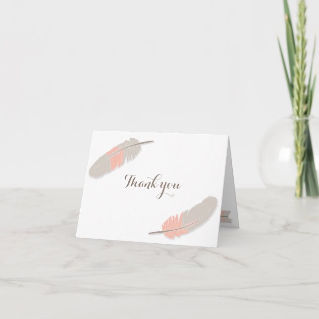 Cartão De Agradecimento Boho Feather Chá de fraldas Obrigado Rosa E Cinza (Frente)