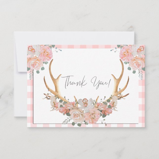 Cartão De Agradecimento BOHO Floral Antlers Coral Gingham (Frente)