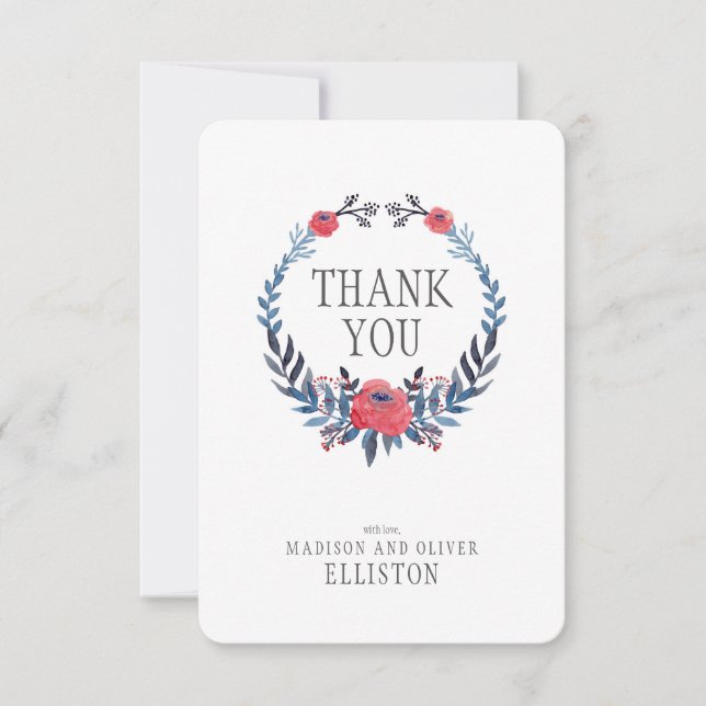 Cartão De Agradecimento Boho Floral Watercolor Rosas vermelhas | Obrigado (Frente)