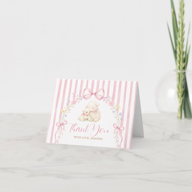 Cartão De Agradecimento Boho Fofo Um cordeirinho Laço Rosa Xadrez (Frente)