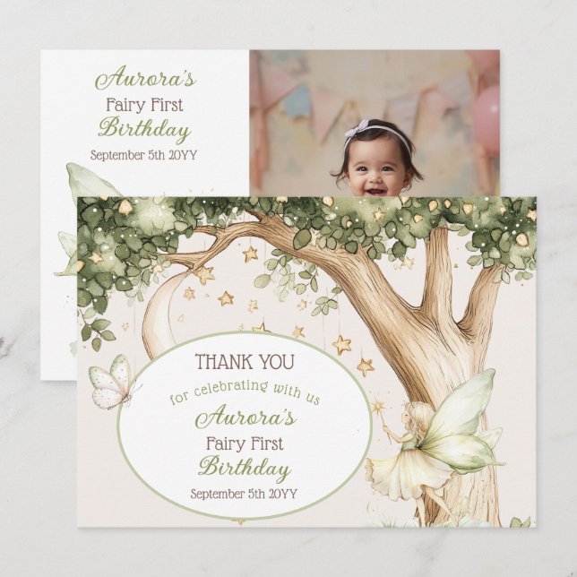 Cartão De Agradecimento Boho forest Fairy First birthday photo (Frente/Verso)