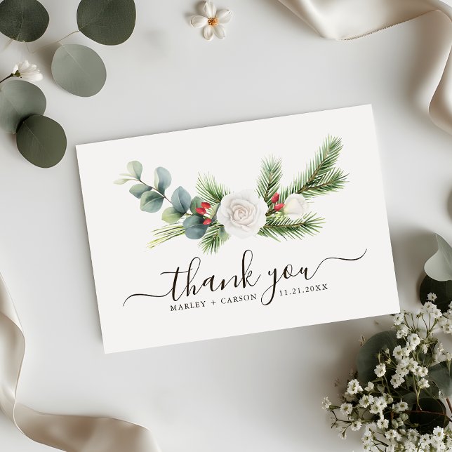 Cartão De Agradecimento Boho Greenery Script Evergreen Wedding (Criador carregado)