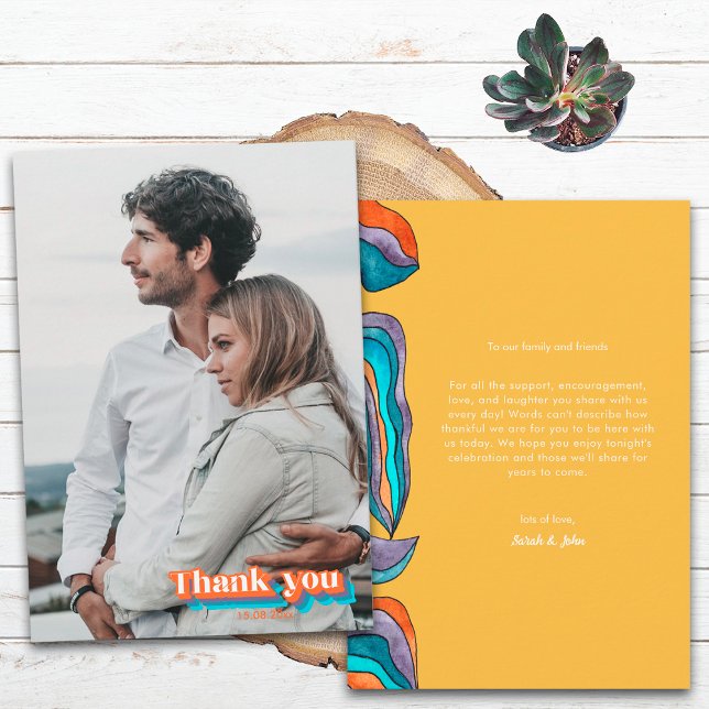 Cartão De Agradecimento Boho Groovy Retro Yellow Orange Typografia Wavy (Front and Back)