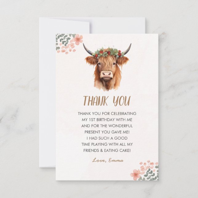 Cartão De Agradecimento Boho Highland Cow (Frente)