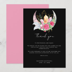 Cartão De Agradecimento Boho Lua Cristais Penas Flores Rosa Casamento