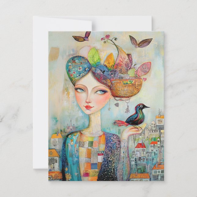 Cartão De Agradecimento Boho Mixed Media Girl and Bird in Village Card (Frente)