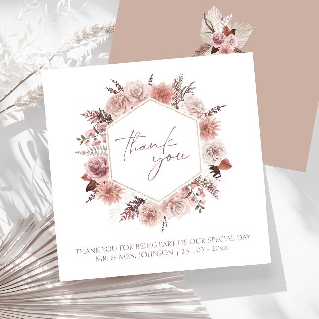 Cartão De Agradecimento Boho Neutral Terracotta Floral Wreath Casamento (Boho Dusty Pink Dried Flowers Wreath Wedding Thank You Card)