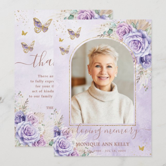 Cartão De Agradecimento Boho Pampas Purple Floral Foto Funeral Memorial (Frente/Verso)