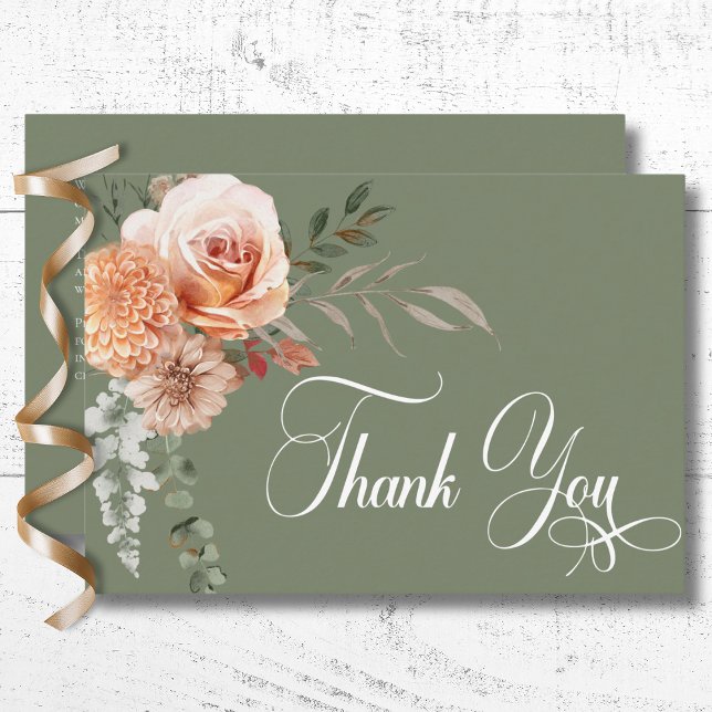 Cartão De Agradecimento Boho Peach & Rust Floral Sage Casamento Verde (Boho Peach & Rust Floral Sage Green Wedding Thank You Card)