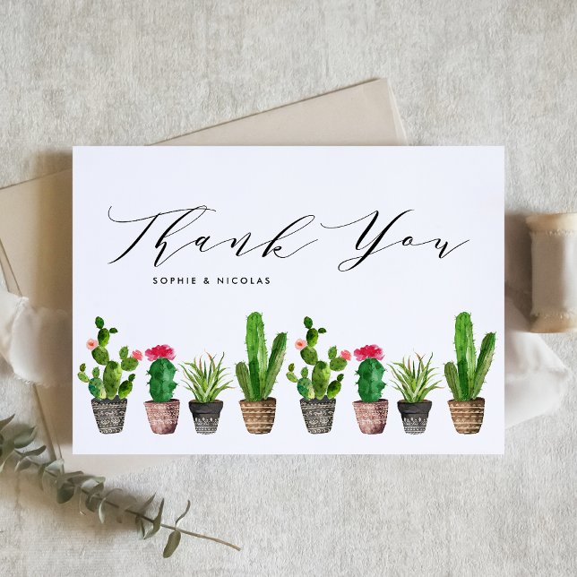 Cartão De Agradecimento Boho Potted Succulents and Cactus Summer Wedding (Criador carregado)
